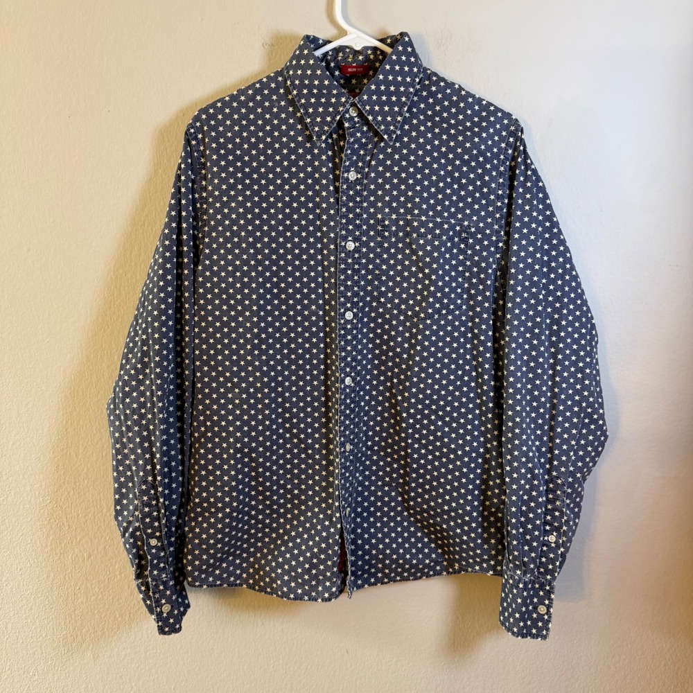 Lucky Brand Womens Blue Star Print Slim Fit Button‎ Down Cotton Shirt Large